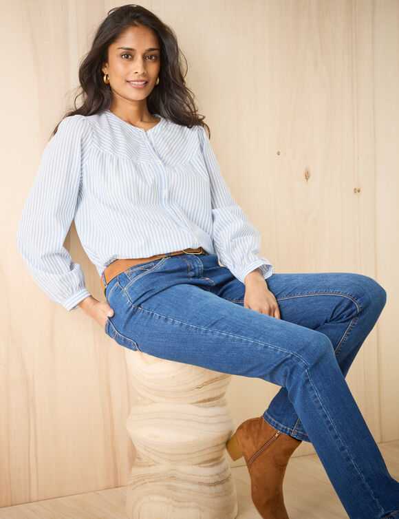 Chemisier boutonné col rond rayé (bleu / blanc) Chemisier boutonné col rond rayé (bleu / blanc)